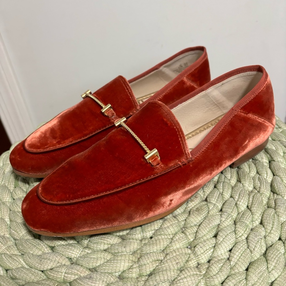 Sam Edelman Lori Burnt Orange Velvet Gold Horse Bit Slip On Loafers